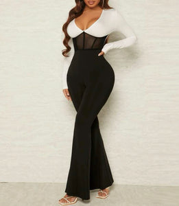 Contrast Mesh Plunging Neck Flare Leg Jumpsuit