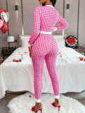 Houndstooth Print Casual Long Sleeve Jumpsuit