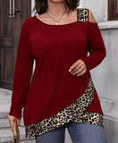 Contrast Plus Leopard Print Asymmetrical Neck Tee