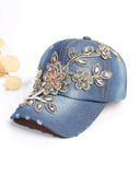 Rhinestone Decor Floral Embroidered Ripped Baseball Cap