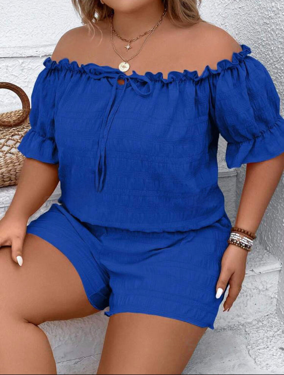 Plus Size Off Shoulder Ear-Hem Top And Shorts Summer Two-Piece Set