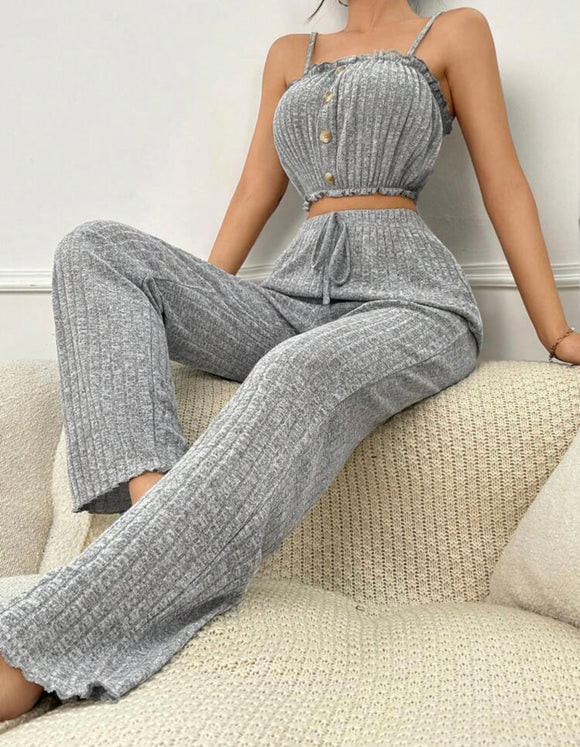 Button Front Cami Top & Tie Waist Pants Lounge Set