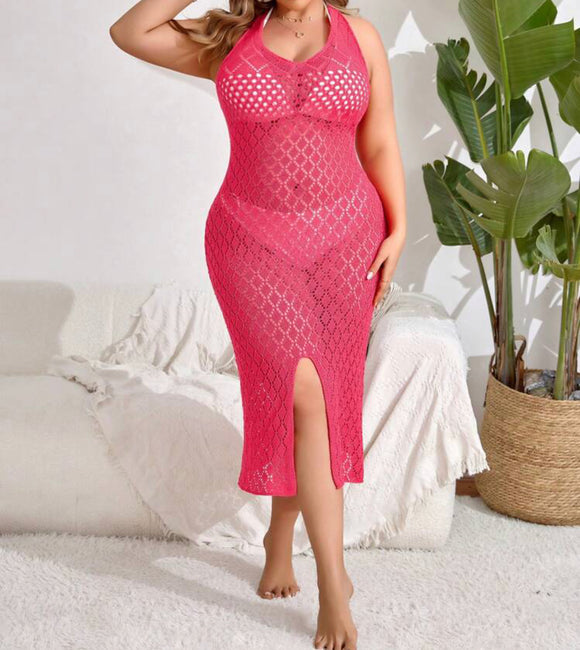 Plus Size Women's Halterneck Split Maxi Dress With Tunic Top Valentine