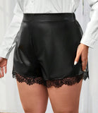 Plus Size Lace Hem Pu Leather Shorts