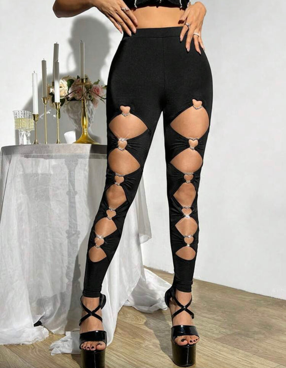 Y2k Women's Skinny Heart Decor Cutout Black Leggings