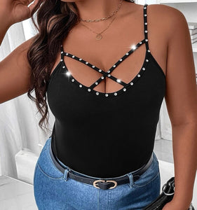 Rhinestone Beaded Crisscross Front Cami Top