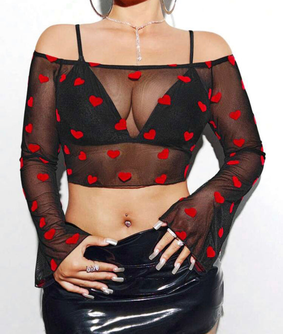 Off-Shoulder Mesh Top With Heart-Shaped Design