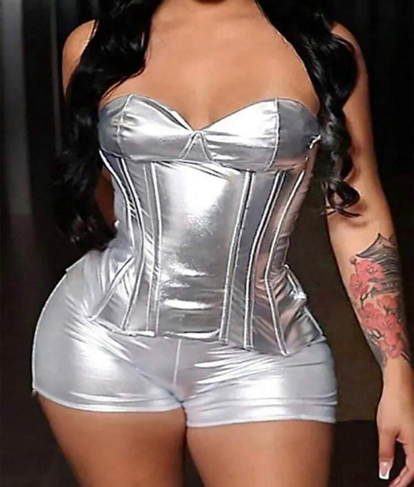 Strapless Sweetheart Neckline Crop Top And Tight Shorts Silver Pu 2 Piece Set