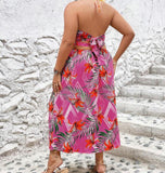 Plus Size Tropical Print Halter Neck High Split Summer Dress