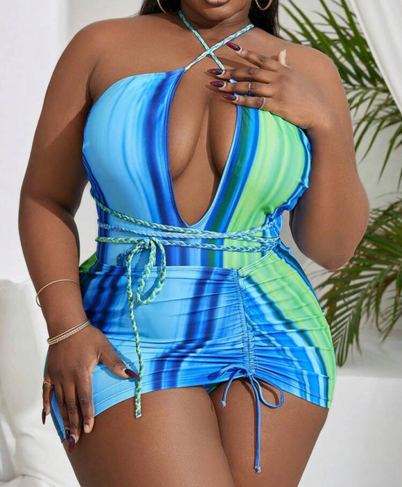 Plus Size Tie-Dyed Stripe Cover Up + One Piece Swimsuit Set