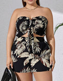 Plus Size Full Print Crossed Bandeau Top & Shorts Set