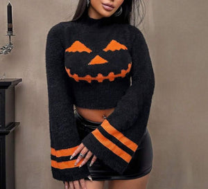 Pumpkin Pattern Stand Collar Flared Sleeve Cropped Sweater