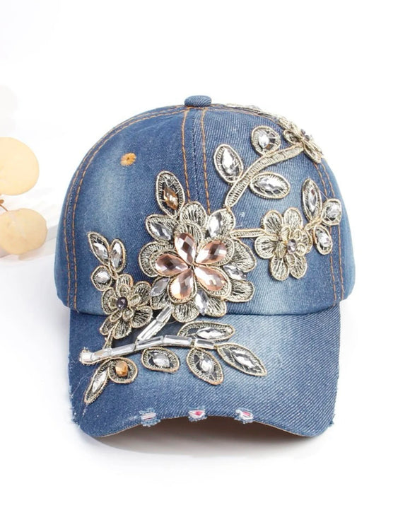 Rhinestone Decor Floral Embroidered Ripped Baseball Cap
