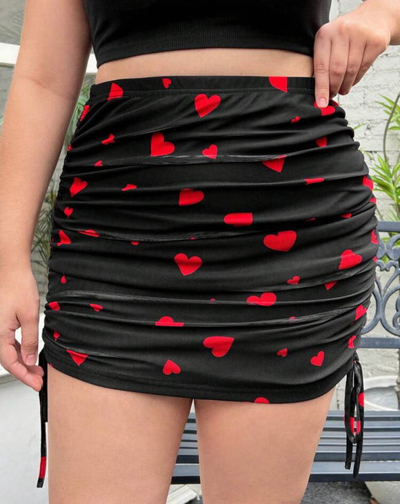 Heart Print Mesh Drawstring Skirt