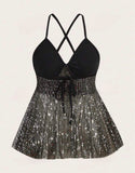 Plus Size Sequin Cross Back Camisole Vest Top