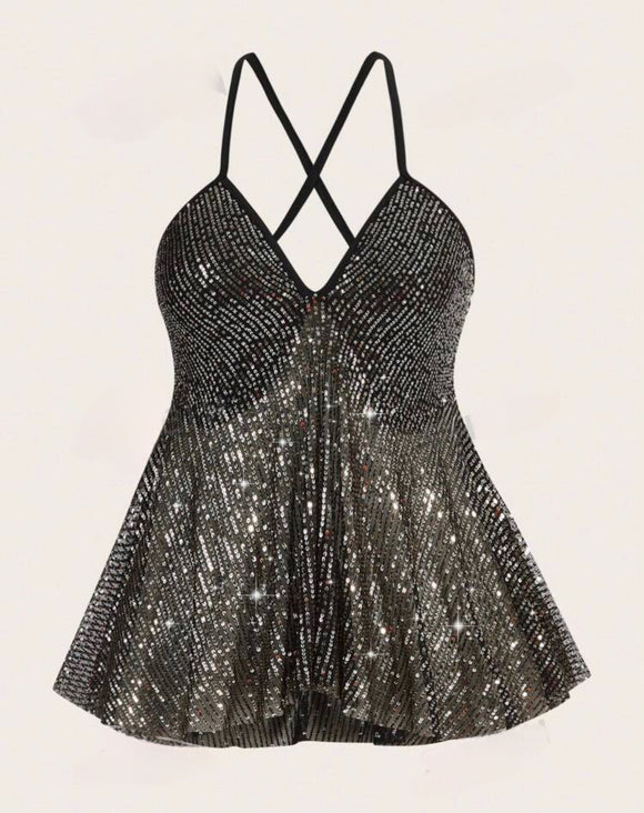 Plus Size Sequin Cross Back Camisole Vest Top