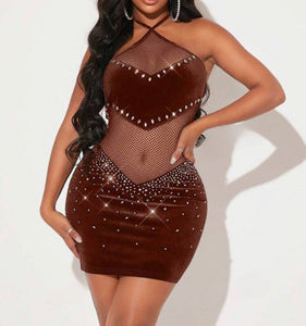 Rhinestone Decor Mesh Halterneck Bodycon Dress