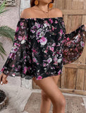 Plus Size Floral Printed Off Shoulder Bell Sleeve Blouse