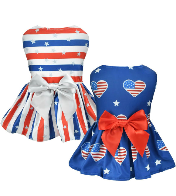 July Dog Dress American Flag Pattern Puppy Dress with Bow