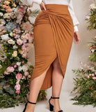 Plus High Waist Ruched Asymmetrical Hem Skirt