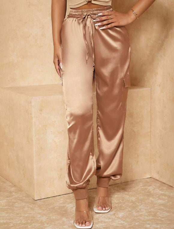 Drawstring Waist Flap Pocket Side Satin Pants