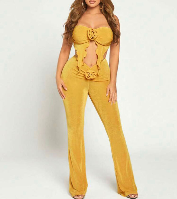 3D Rosette Split Hem Tube Top & Flare Leg Pants