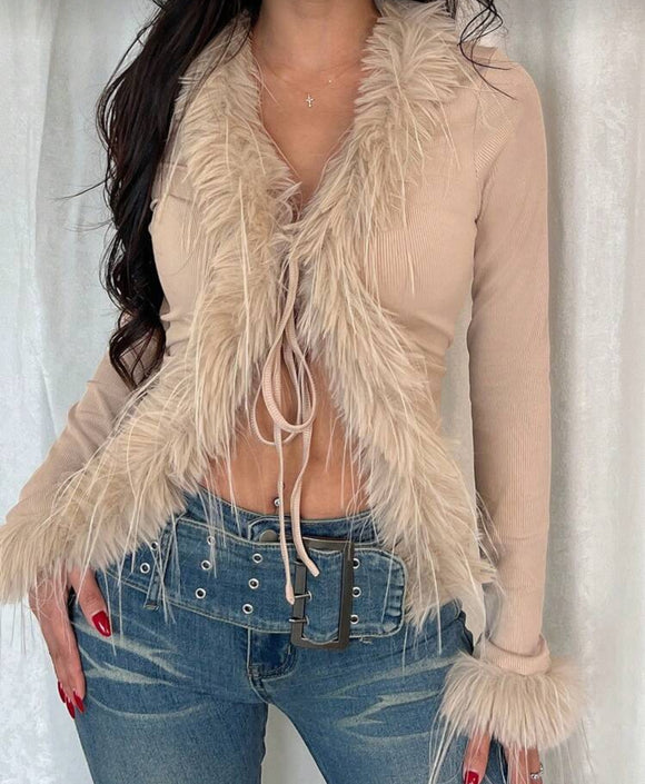 Khaki Fur trimmed Cardigan