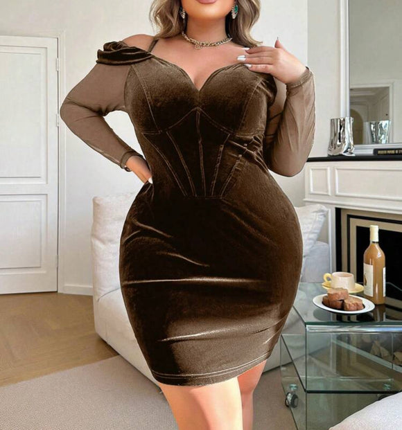 Plus Size Open Shoulder Velvet Dress With Cinched Waist