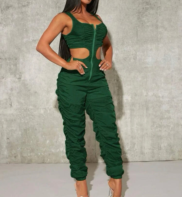 Zip Up Cut Out Waist Ruched Stacked Jumpsuit