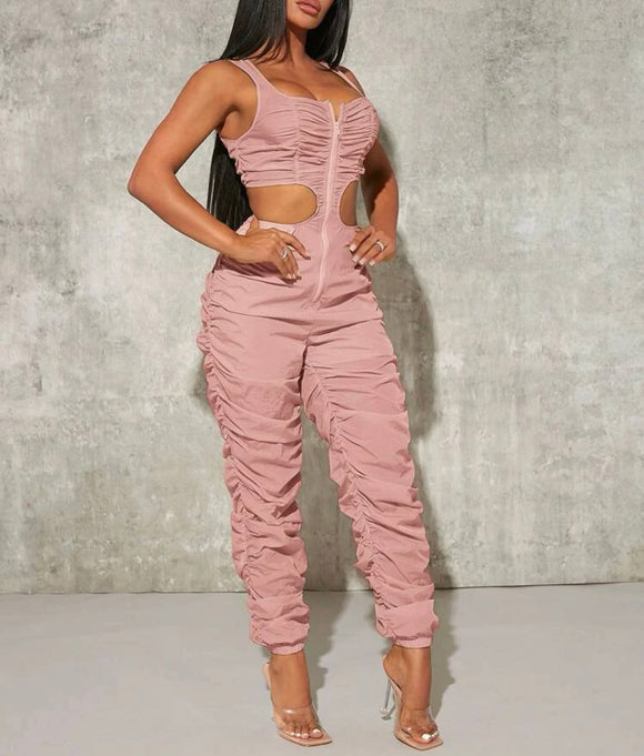 Cut Out Waist Ruched Side Tank Jumpsuit