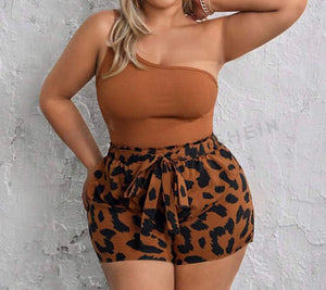 Plus Size One Shoulder Ribbed Crop Top And Belted Shorts Set