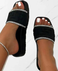 Rhinestone Contrast Paneled Wide Strap Slippers