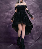 Gothic Off Shoulder Contrast Lace High Low Hem Velvet Dress Without Gloves