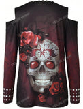 V-Neck Long Sleeve Printed Vintage Halloween Skull Top T-Shirt