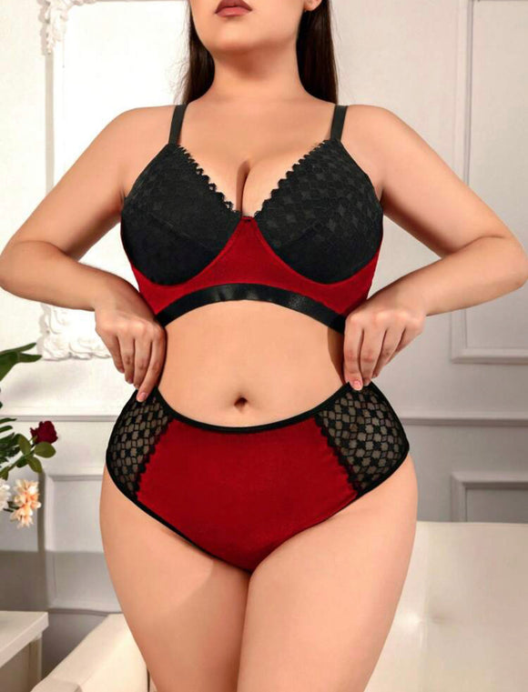 Plus Size Color Block Lace Splice Underwear Set