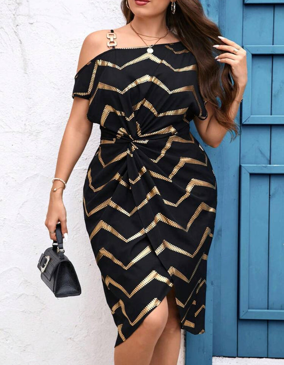 Plus Size Irregular Shoulders Chain & Twisted Design Midi Dress