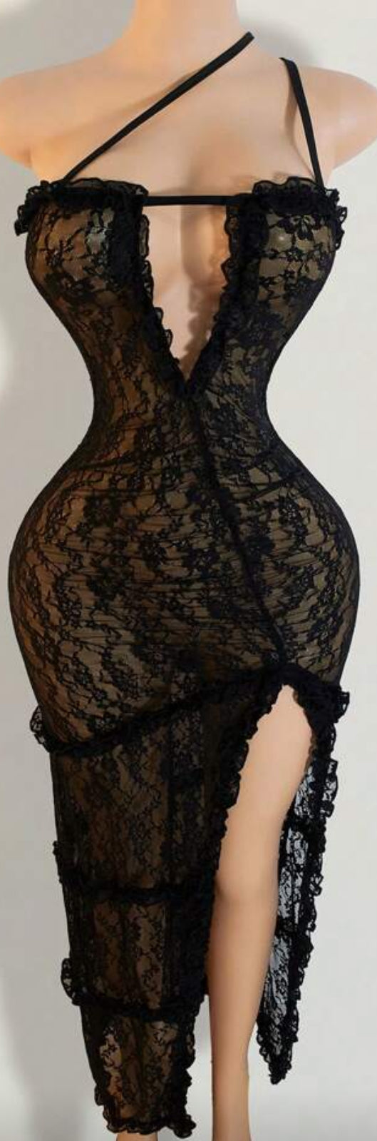 One shoulder long lace dress