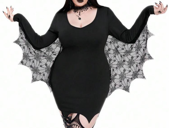 Plus size Black long sleeve spider web lace dress