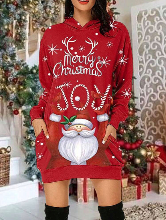 Christmas Print Drop Shoulder Hooded Sweatshirt Dress