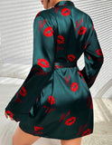 Lip & Letter Graphic Belted Satin Robe