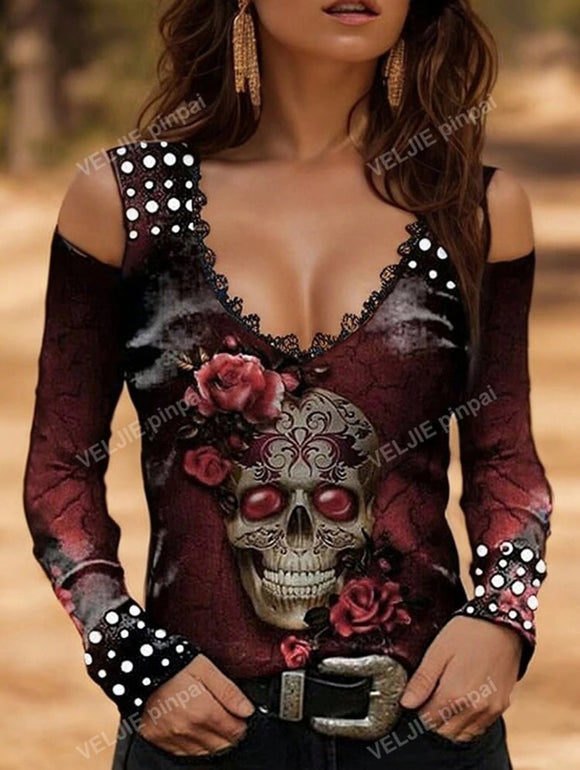 V-Neck Long Sleeve Printed Vintage Halloween Skull Top T-Shirt