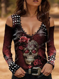 V-Neck Long Sleeve Printed Vintage Halloween Skull Top T-Shirt