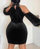 Plunged neck cold shoulder party dress