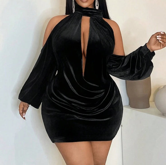 Plunged neck cold shoulder party dress