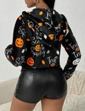 Zipper Halloween Letter Print Long Sleeve Casual Hooded Jacket