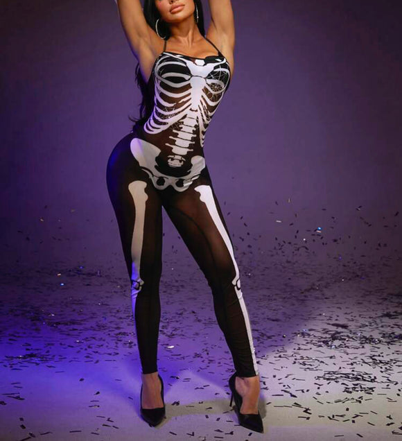 Halloween Skeleton Print Mesh Unitard Jumpsuit
