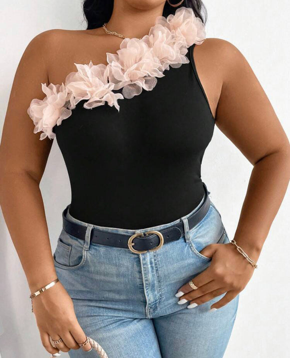 Plus Size One Shoulder Sleeveless Top With 3d Flower Embellishment