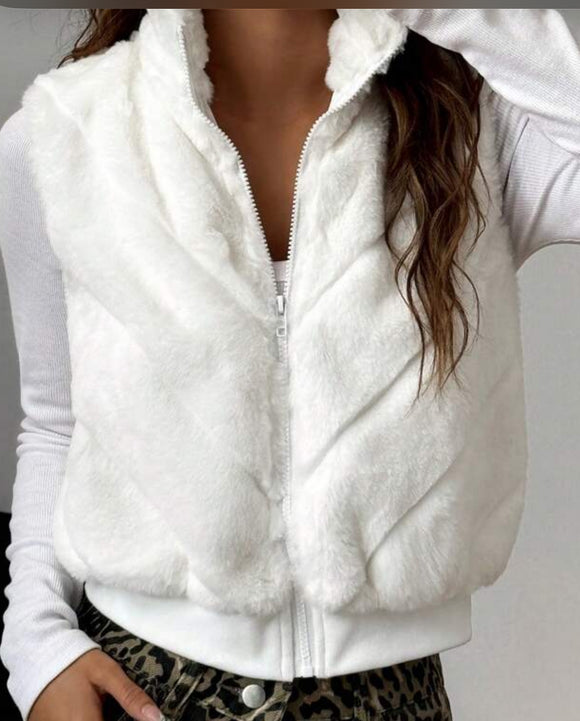 White Fluffy Zip-up Vest