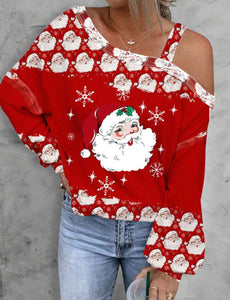 Christmas Santa Claus Print Asymmetrical Neck Lantern Sleeve Tee