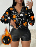 Zipper Halloween Letter Print Long Sleeve Casual Hooded Jacket